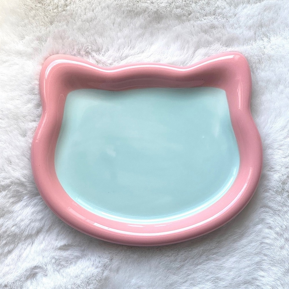 New Ceramic Cat Plate Whisker Fatigue Friendly Pastel Pink Blue Kitty Dish
